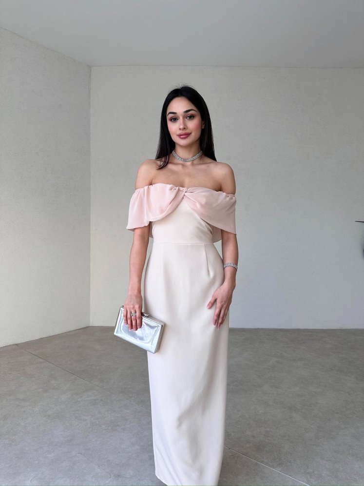 Düşük Omuz Midi KİKO Elbise 9370 - Krem - Mooi Butik