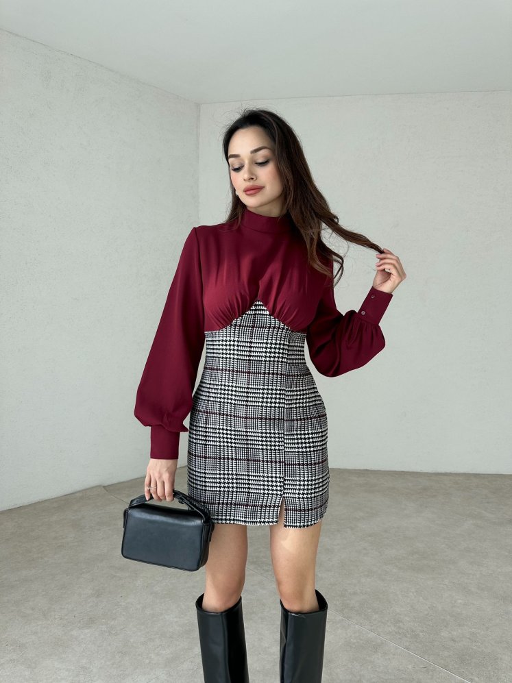 Ekose Detaylı Midi DRAKE Elbise 1251 - Bordo - Mooi Butik