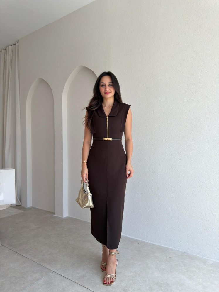 ELANİ Kemerli Midi Elbise 3761 - Acı Kahve - Mooi Butik