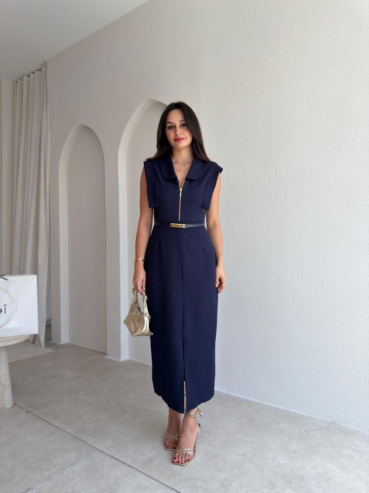 ELANİ Kemerli Midi Elbise 3761 - Lacivert - Mooi Butik
