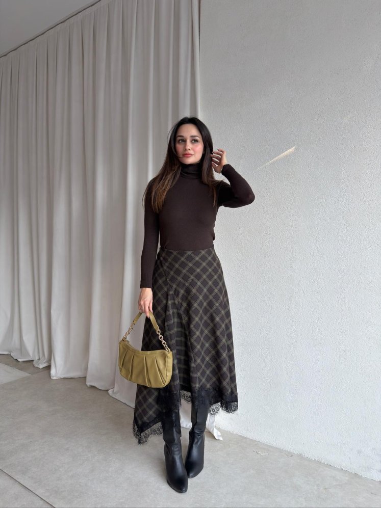  ELENOR Dantel Detaylı Etek 8838 - Acı Kahve - Mooi Butik