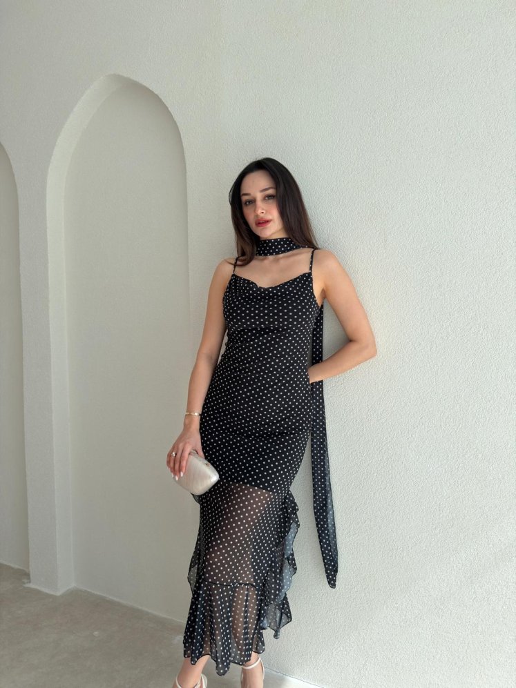 ELİOT Fularlı Midi Elbise 9019 - Siyah - Mooi Butik