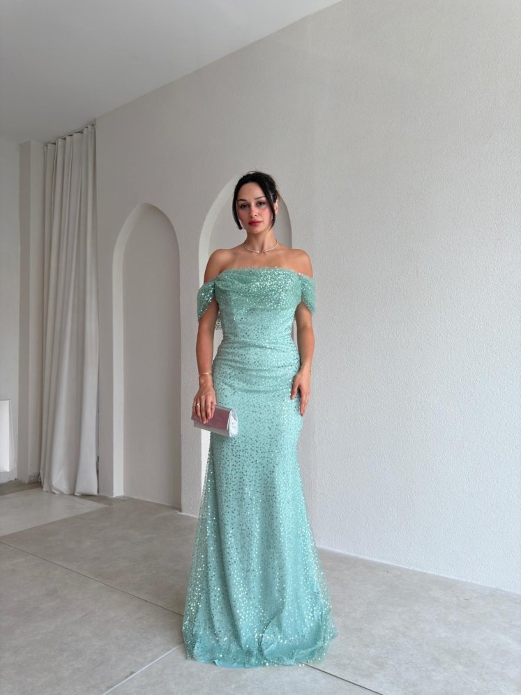ELİSHA Payetli Maxi Elbise 4520 - Mint - Mooi Butik