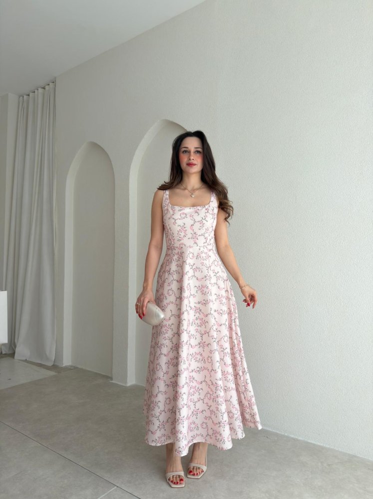ELOİSE Çiçek Desenli Midi Elbise 8529 - Pudra - Mooi Butik