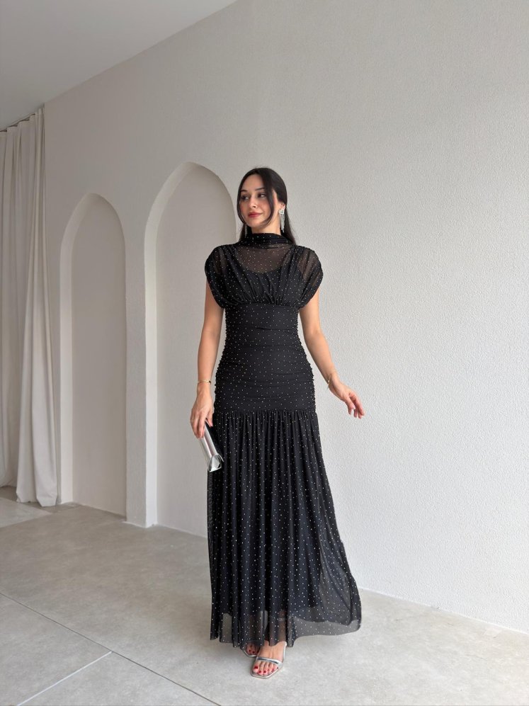 ELORAT Taşlı Maxi Elbise 6546 - Siyah - Mooi Butik