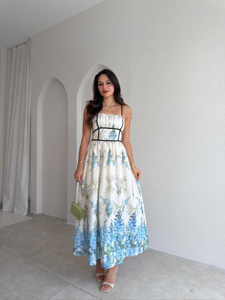 ELSE Desenli Midi Elbise 3035 - Krem Rengi - Mooi Butik