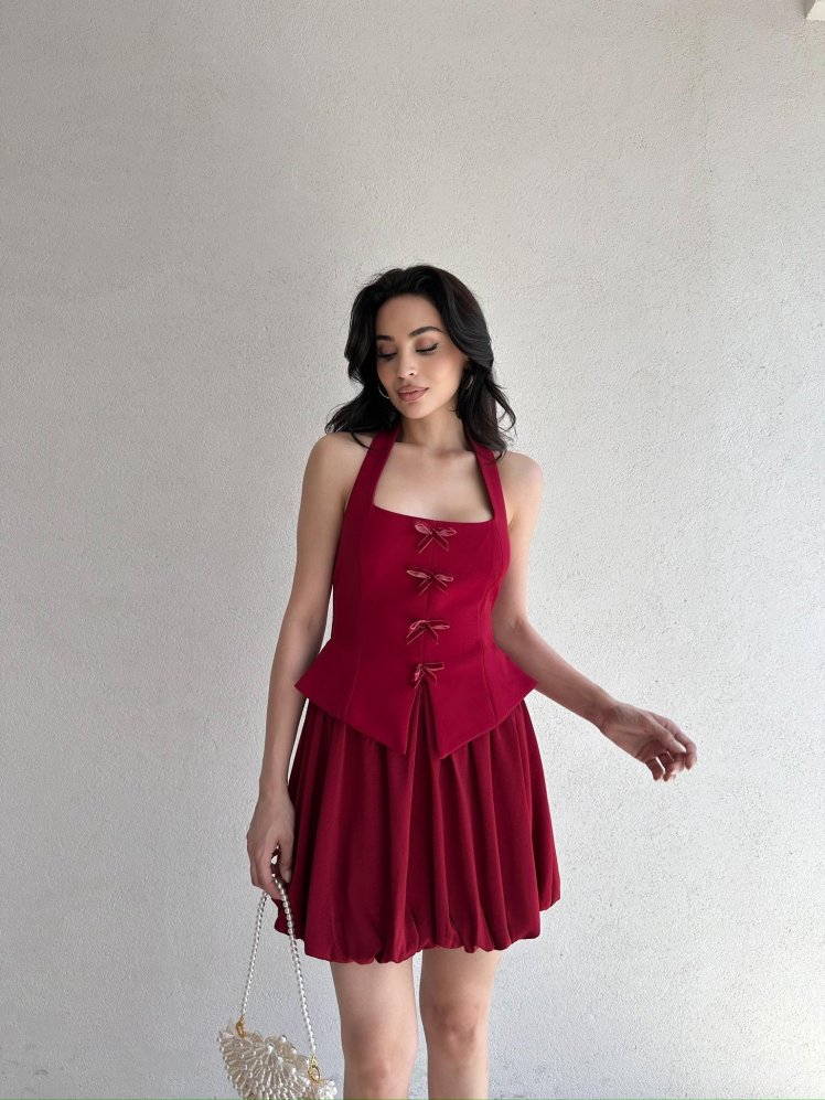 EMELİNE Mini Elbise 5073 - Bordo - Mooi Butik