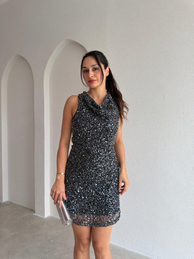 EMMY Pullu Mini Elbise 3777 - Siyah - Mooi Butik