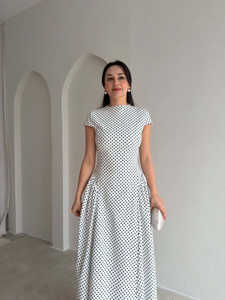 EMPERİO Puantiyeli Midi Elbise 9074 - Beyaz - Mooi Butik