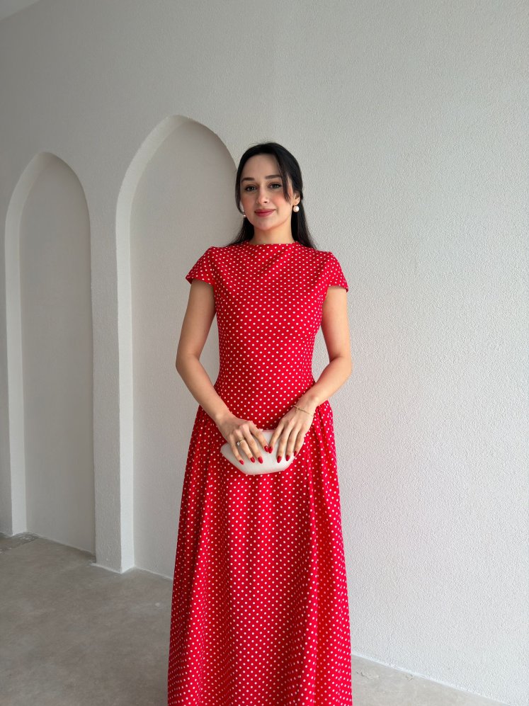 EMPERİO Puantiyeli Midi Elbise 9074 - Kırmızı - Mooi Butik