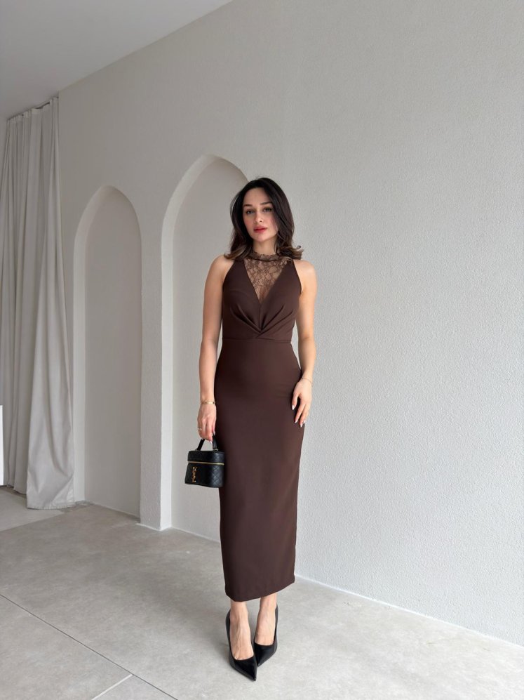 EPHRON Dantel Detaylı Midi Elbise 7483 - Acı Kahve - Mooi Butik