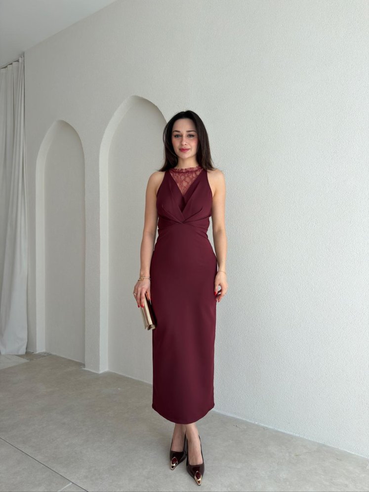EPHRON Dantel Detaylı Midi Elbise 7483 - Bordo - Mooi Butik