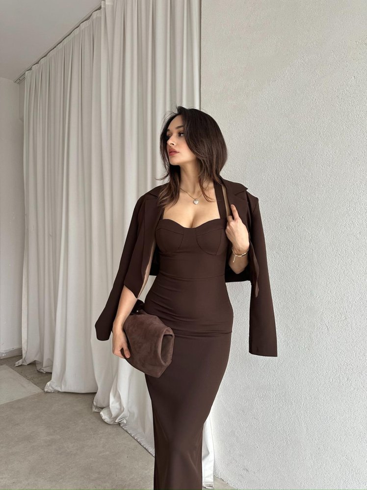 ERLİNG Midi Elbise & Ceket 8451 - Acı Kahve - Mooi Butik