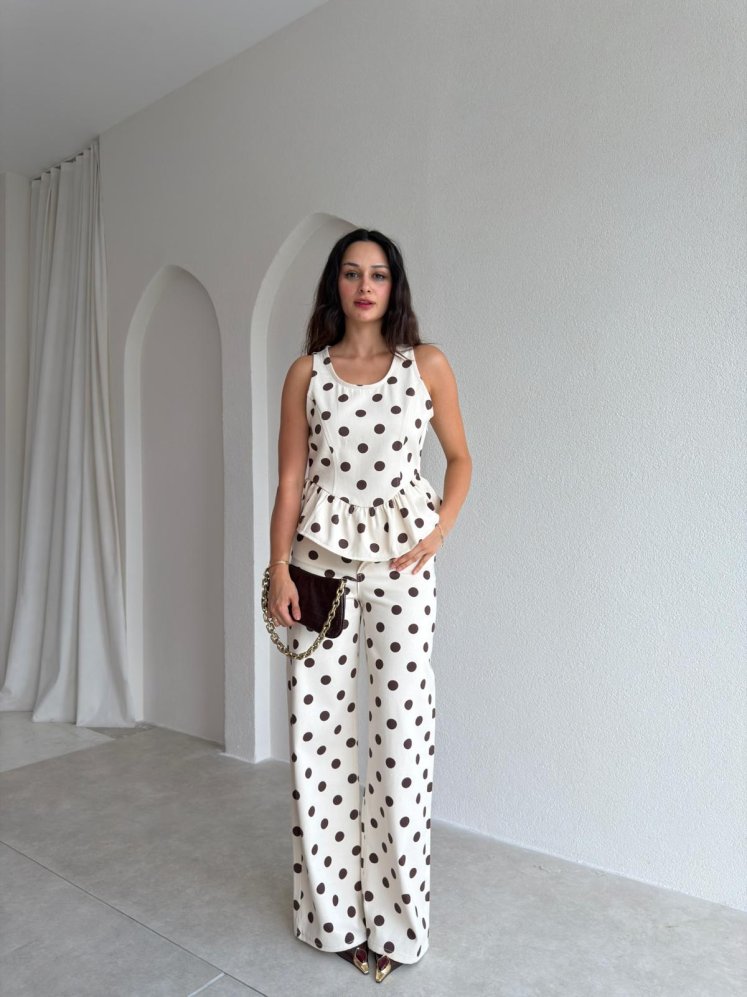 ESTHER Puantiyeli Denim Takım 3731 - Krem Rengi - Mooi Butik