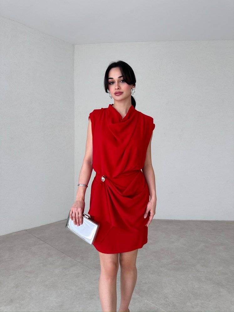 Eteği Broş Detaylı Mini SHAFFER Elbise 5298 - Kırmızı - Mooi Butik