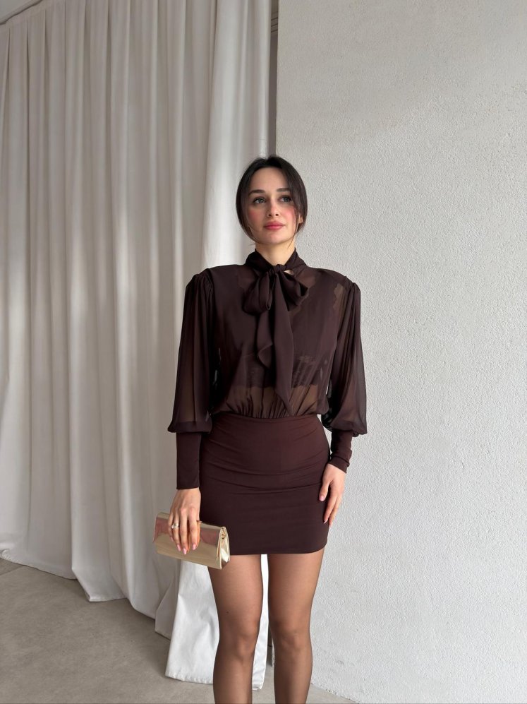  EVİL Mini Şifon Elbise 8854 - Acı Kahve - Mooi Butik