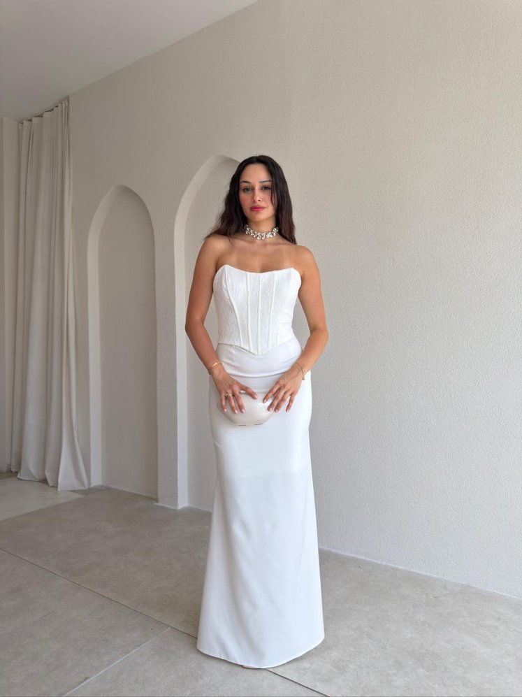FALSE Korse Detaylı Maxi Elbise 4206 - Beyaz - Mooi Butik