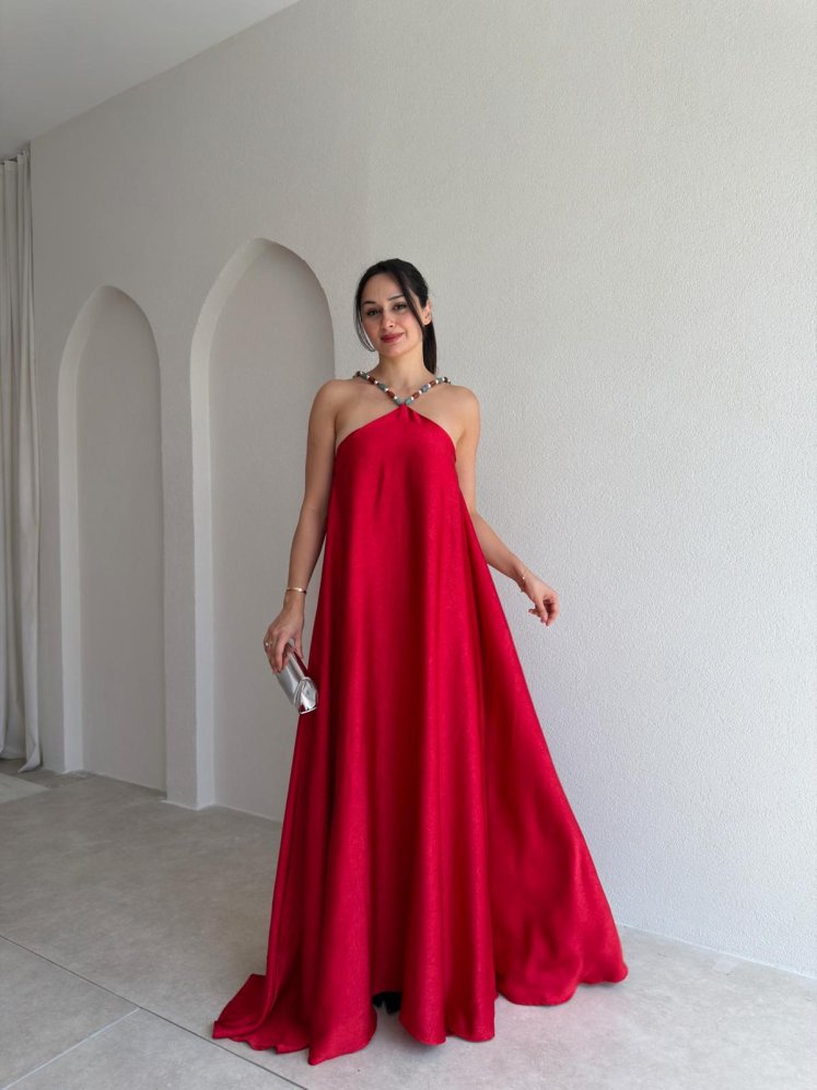 FELİX Maxi Elbise 7722 - Kırmızı - Mooi Butik