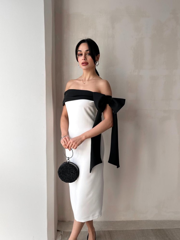 Fiyonk Detaylı Midi GENOVES Elbise 9293 - Beyaz - Mooi Butik