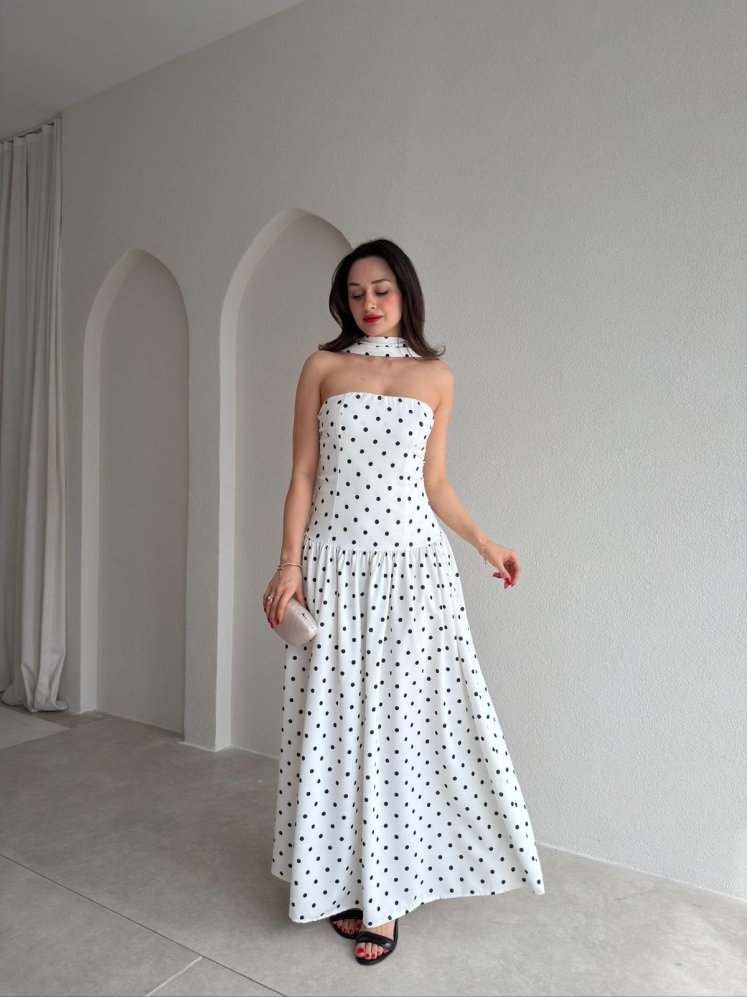 FLAMİN Şallı Puantiyeli Maxi Elbise 5484 - Beyaz - Mooi Butik