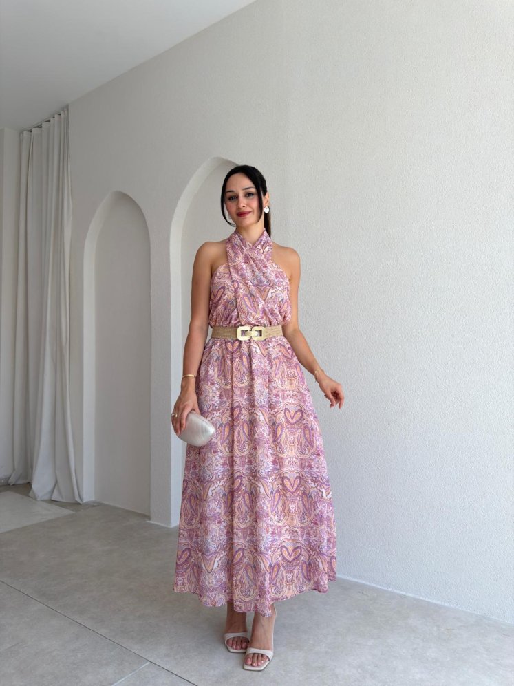FLOWRA Kemerli Maxi Elbise 3774 - Lila - Mooi Butik