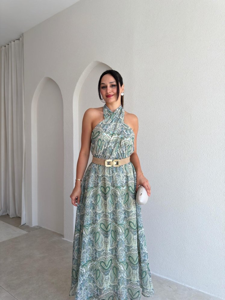 FLOWRA Kemerli Maxi Elbise 3774 - Yeşil - Mooi Butik