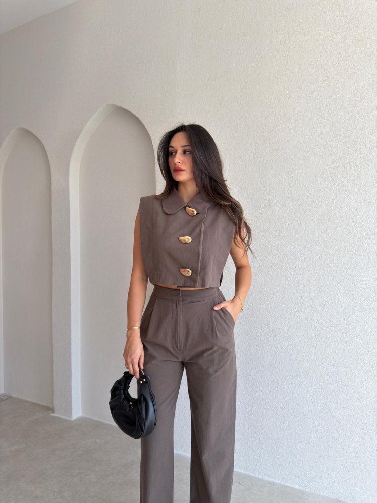 FOLİA Düğme Detaylı Takım 4038 - Acı Kahve - Mooi Butik