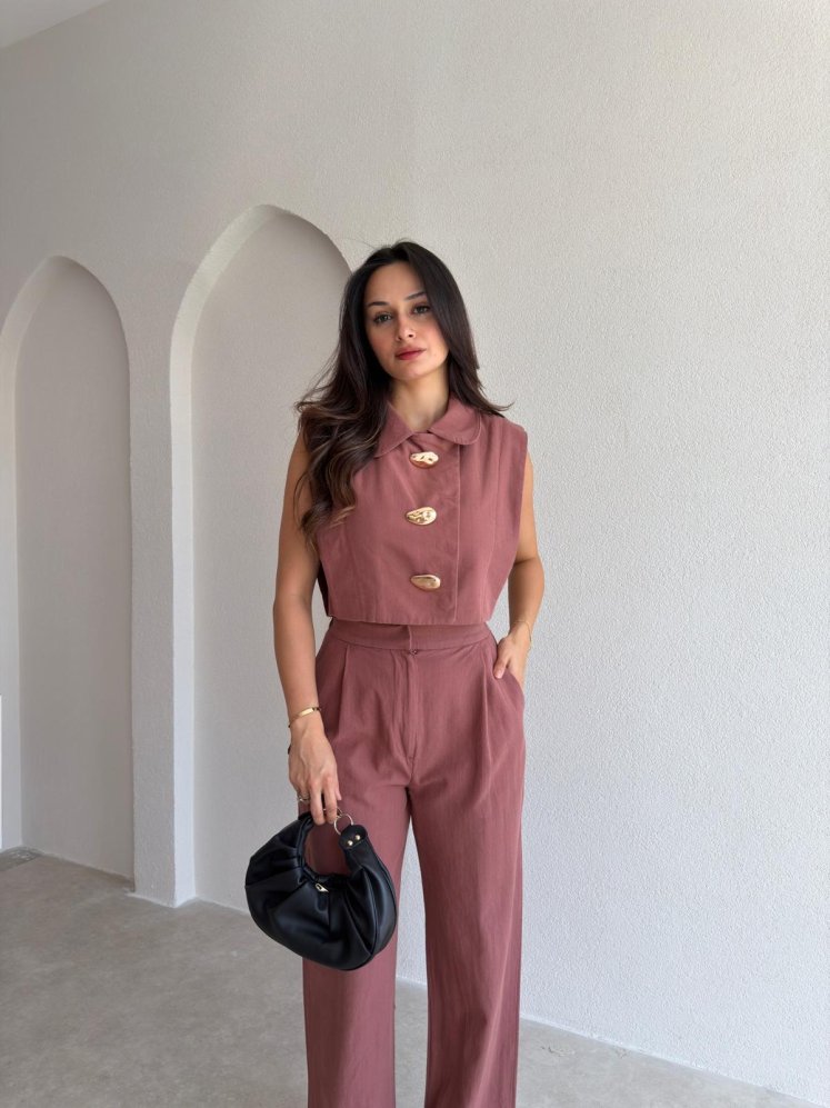 FOLİA Düğme Detaylı Takım 4038 - Gül Kurusu - Mooi Butik