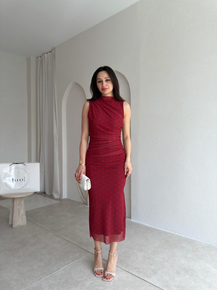 FONTANA Puantiyeli Midi Elbise 9036 - Bordo - Mooi Butik