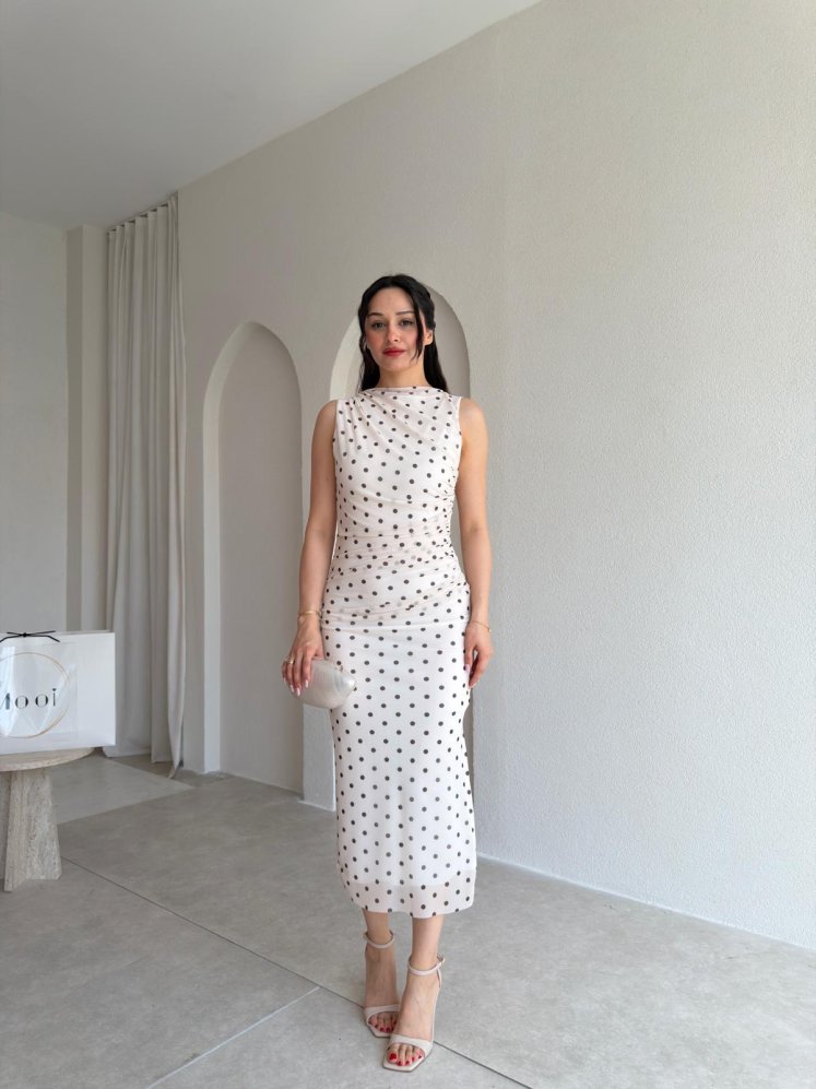 FONTANA Puantiyeli Midi Elbise 9036 - Beyaz - Mooi Butik