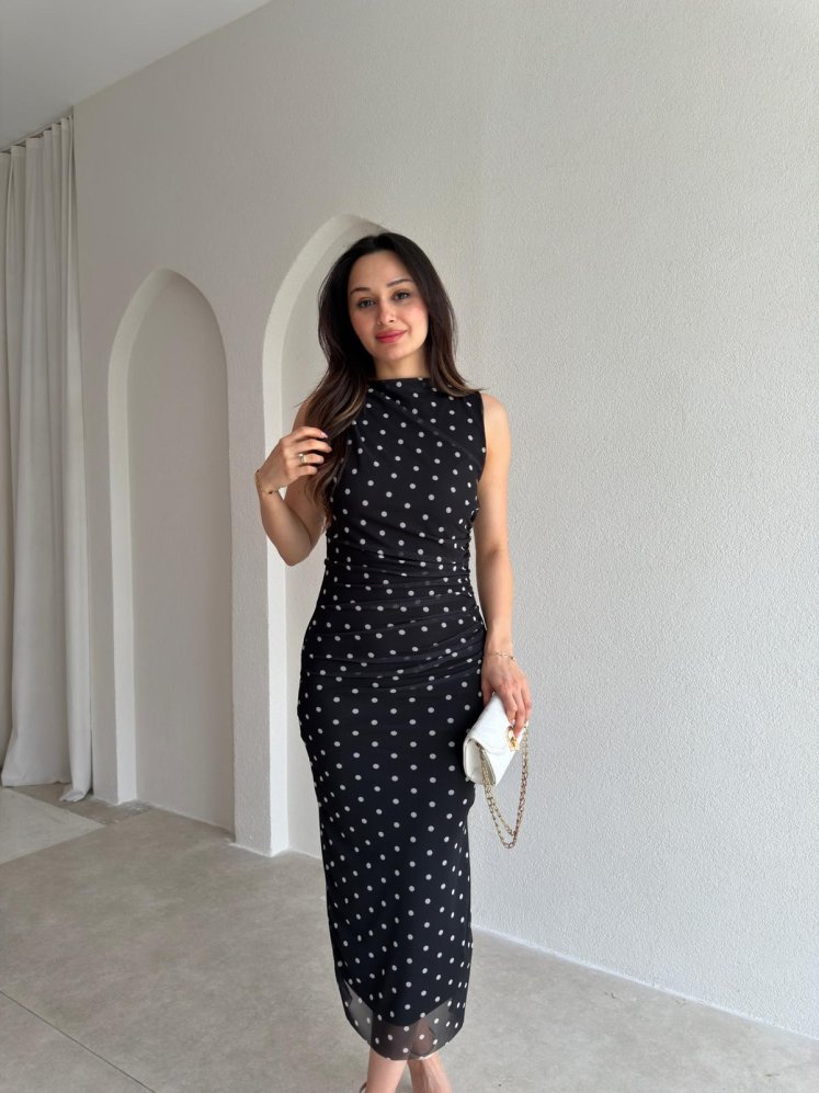 FONTANA Puantiyeli Midi Elbise 9036 - Siyah - Mooi Butik