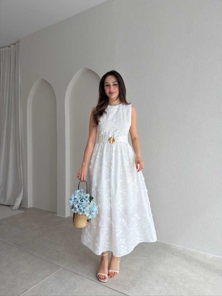 FORBES Çiçek Desenli Midi Elbise 9006 - Beyaz - Mooi Butik