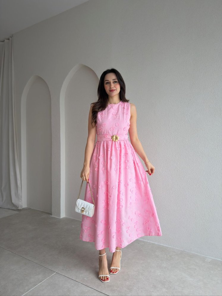FORBES Çiçek Desenli Midi Elbise 9006 - Pembe - Mooi Butik