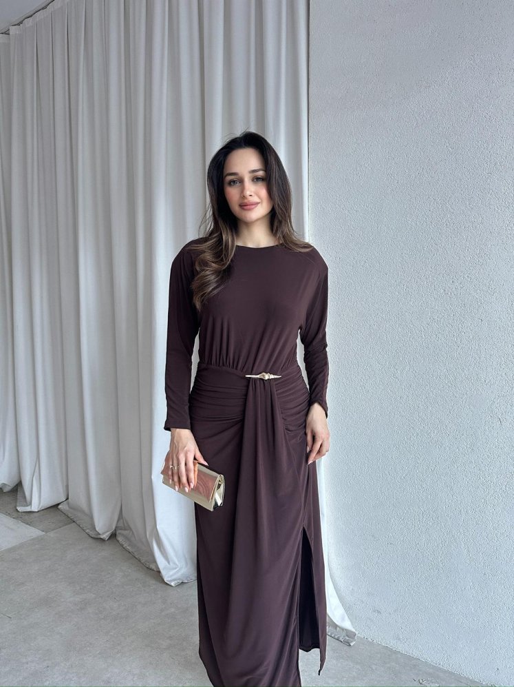 FRAPPE Midi Elbise 8711 - Acı Kahve - Mooi Butik