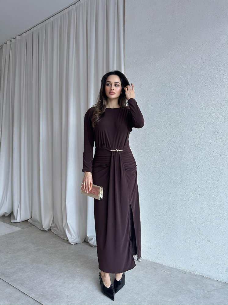 FRAPPE Midi Elbise 8711 - Acı Kahve - Mooi Butik