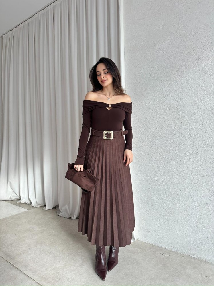 GERMAN Piliseli Etek 8483 - Acı Kahve - Mooi Butik