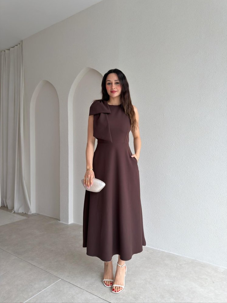 GİNA Kurdele Detaylı Midi Elbise 4390 - Acı Kahve - Mooi Butik