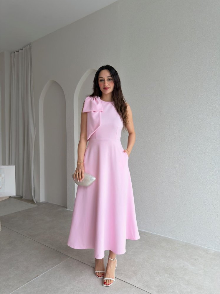 GİNA Kurdele Detaylı Midi Elbise 4390 - Pembe - Mooi Butik