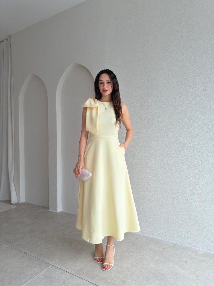 GİNA Kurdele Detaylı Midi Elbise 4390 - Sarı - Mooi Butik