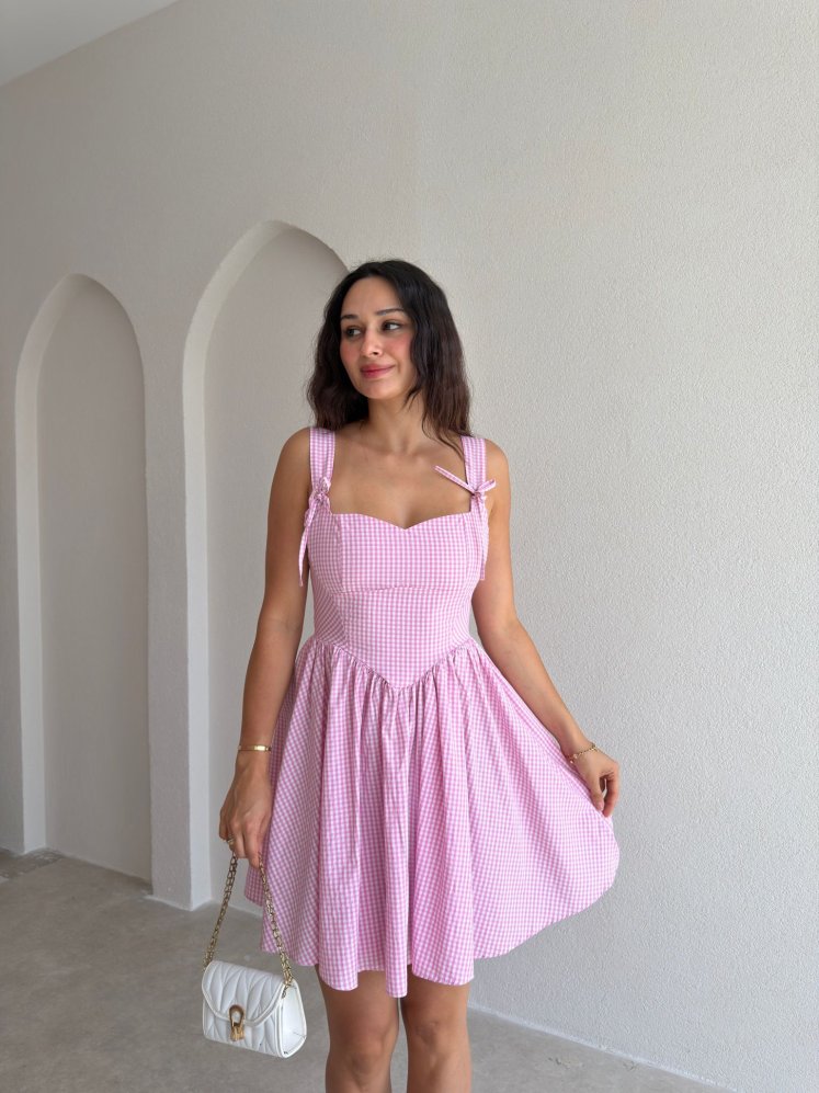 GLENN Ekoseli Mini Elbise 6495 - Pembe - Mooi Butik