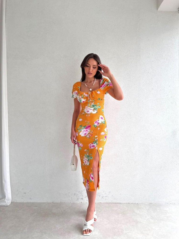 Göğüs Detaylı Midi PROTON Elbise 4411 - Turuncu - Mooi Butik