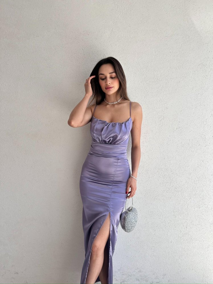  Vencover Saten Elbise 5682 - Lila - Mooi Butik
