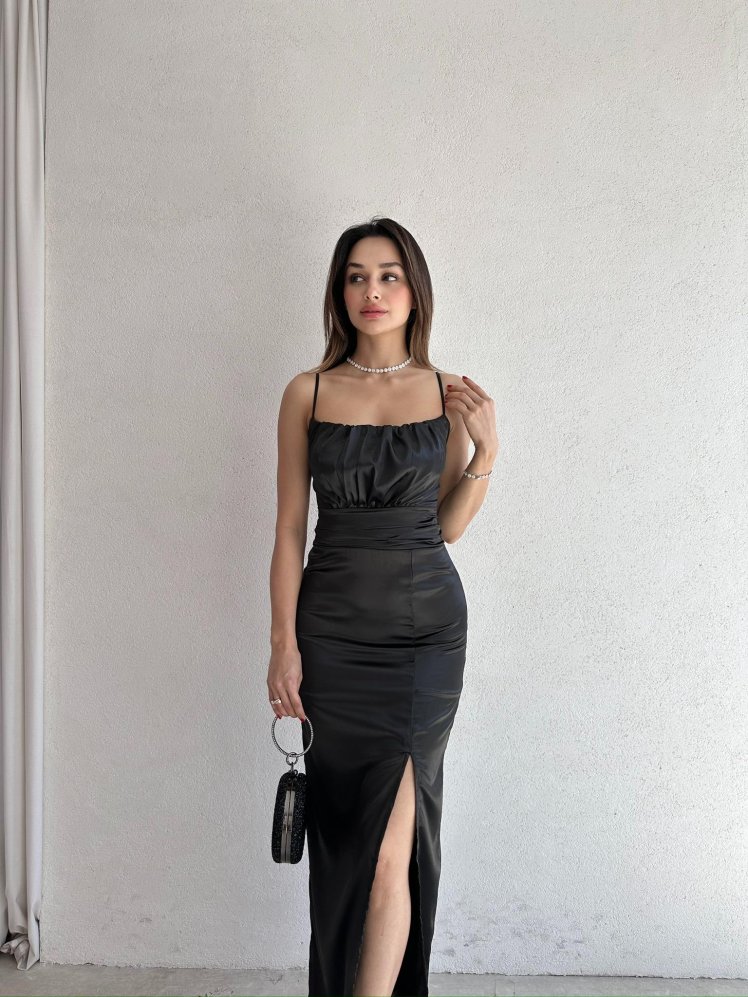  Vencover Saten Elbise 5682 - Siyah - Mooi Butik
