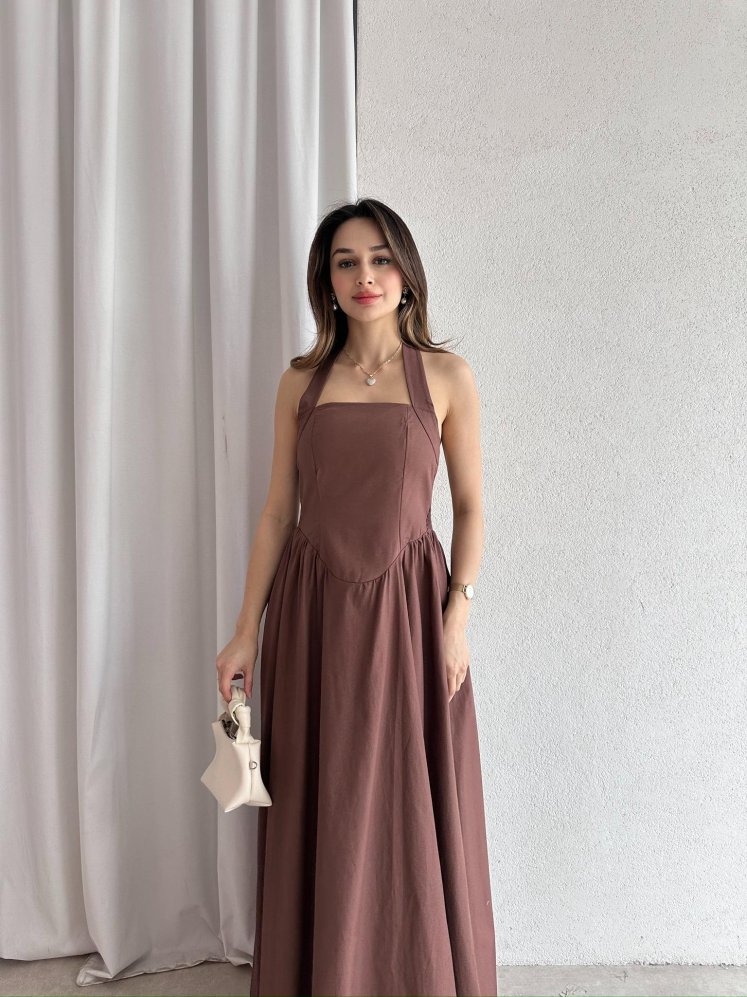 GOLDİE Maxi Elbise 7462 - Acı Kahve - Mooi Butik