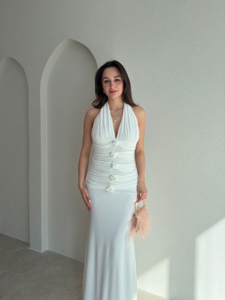 GRAMY Gül Detaylı Maxi Elbise 9041 - Beyaz - Mooi Butik