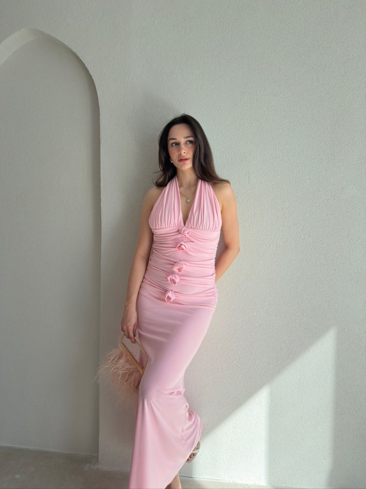 GRAMY Gül Detaylı Maxi Elbise 9041 - Pembe - Mooi Butik