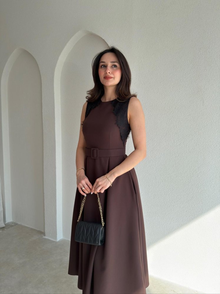 GROZA Dantel Detaylı Midi Elbise 9042 - Acı Kahve - Mooi Butik