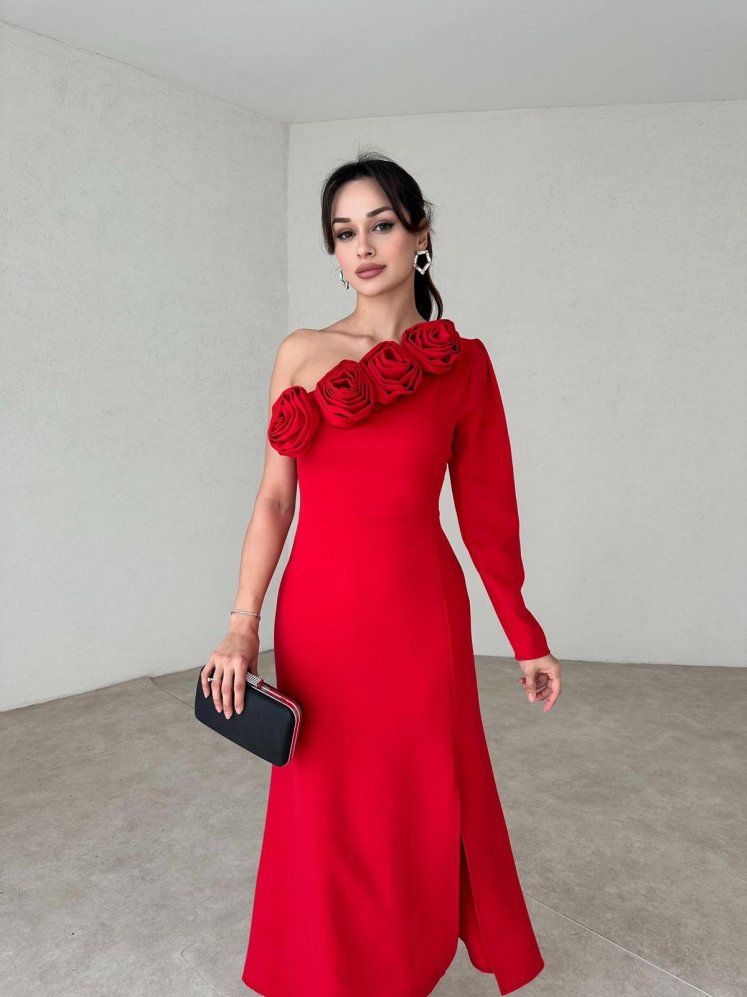 Gül Detaylı CONNELL Elbise 4891 - Kırmızı - Mooi Butik