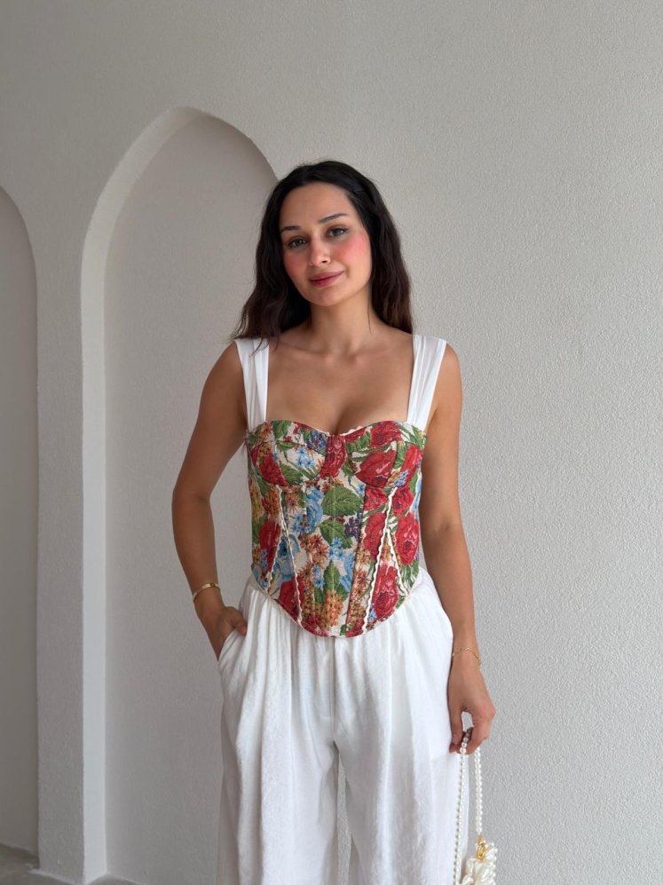 GWEN Desenli Korse Bluz - 3728 - Kırmızı - Mooi Butik