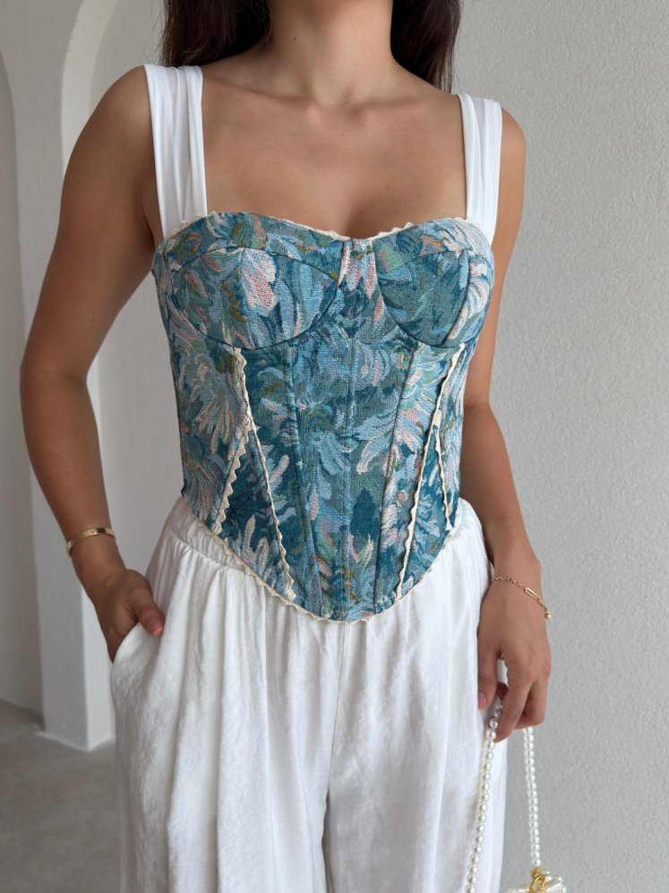 GWEN Desenli Korse Bluz - 3728 - Mavi - Mooi Butik (1)